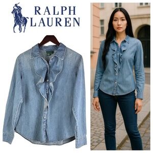 Ralph Lauren Shirt Top Blouse Large 12 14 Chambray Denim Tuxedo Ruffle Western